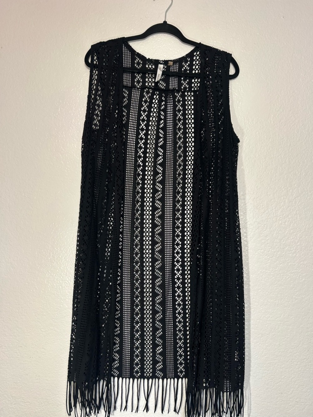Black Crochet Fringe Sleeveless Duster Vest